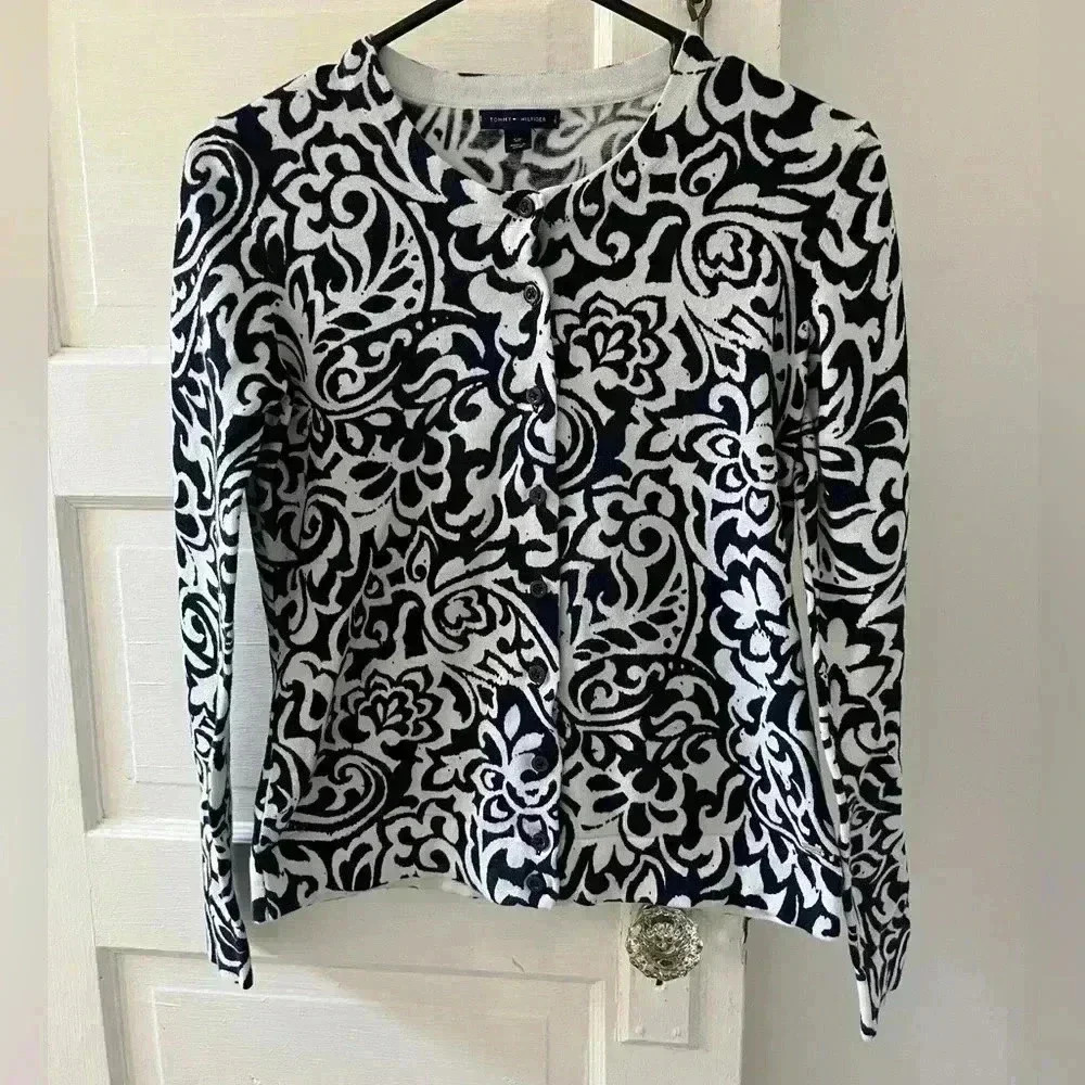 Tommy Hilfiger navy blue and white paisley floral button‎ up cardigan